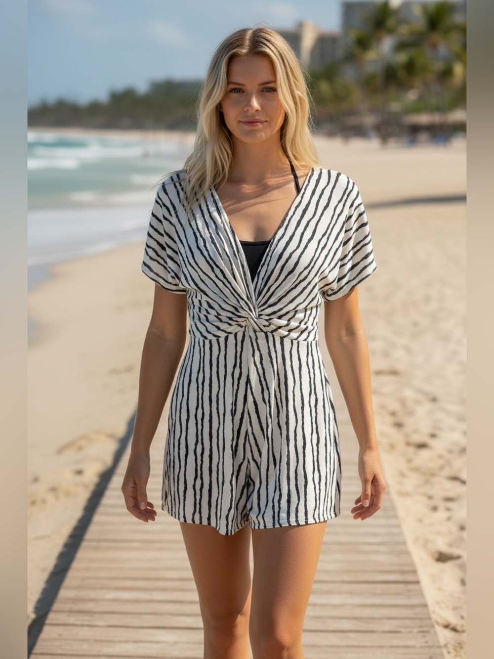 Cupshe Black and Cream Striped Knot-Front Swim Coverup
